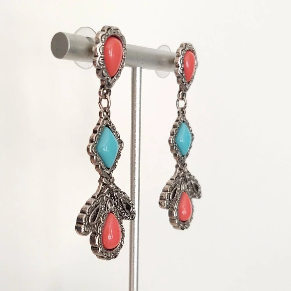 Coral and turquoise beaded earrings with silver base